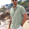 COOFANDY Men's Linen Shirts Short Sleeve Casual Shirts Button Down Shirt for Men Beach Summer Wedding Shirt