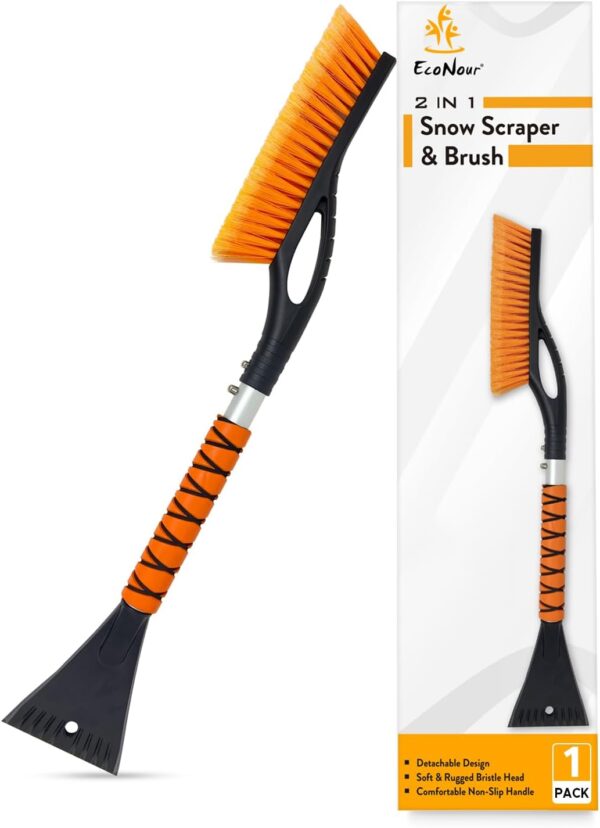 EcoNour 27" Aluminum Snow Brush with Ice Scrapers for Car Windshield and Window | Car Snow Scraper and Brush with Ergonomic Foam Grip Winter Accessories (Orange)