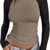 Trendy Queen Women's Long Sleeve Shirts Slim Fit Stretchy Color Block Slightly Cropped Tops