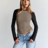 Trendy Queen Women's Long Sleeve Shirts Slim Fit Stretchy Color Block Slightly Cropped Tops