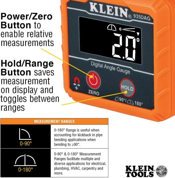 Klein Tools 935DAG Digital Electronic Level and Angle Gauge, Measures 0 - 90 and 0 - 180 Degree Ranges, Measures and Sets Angles