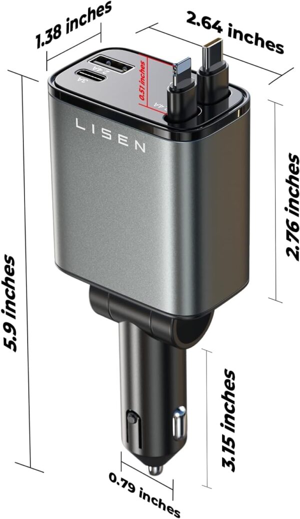 LISEN Retractable Car Charger [69W USB C Car Adapter] for iPhone 16 Car Charger Fast Charging, Valentines Day Gifts for him her Women Men, Car Accessories USBC Car Charger for iPhone 16 15 14 13, Gray