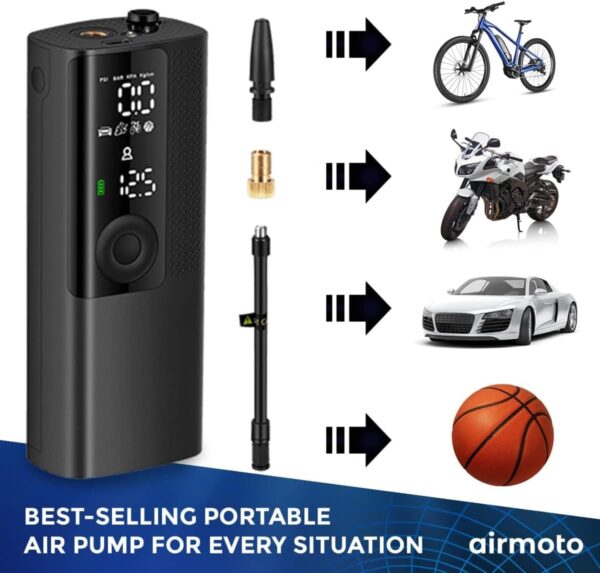 Airmoto Tire Inflator Portable Air Compressor/Pump for Car Tires w/Digital Tire Pressure Gauge - Air Compressor (120 PSI) - Motorcycle, Electric Bike Pump and Bicycle Pump w/LED Light