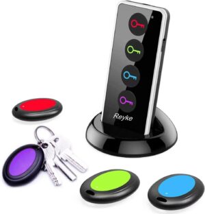 Reyke Key Finder, 80dB+ RF Item Locator Tags with 131ft. Working Range, Wireless Remote Tracker for Wallet, Phone, Glasses, Pet, 1 RF Transmitter & 4 Receivers