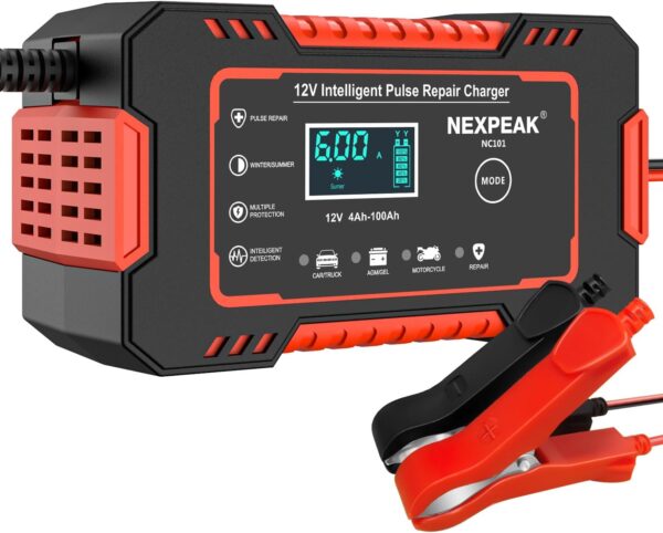 NEXPEAK NC101 Car Battery Charger, Smart Battery Trickle Charger 12V 6A Automotive Battery Maintainer Desulfator with Temp Compensation for Car Truck Motorcycle Lawn Mower Marine Lead Acid Batteries