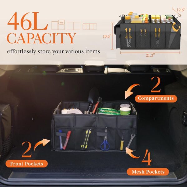 HOTOR Trunk Organizer for Car - Car Organizer, Foldable Trunk organizer for SUVs & Sedans, Sturdy Car Organization for Car Accessories, Tools, Sundries, Black, 2 Compartments, 21.3"×12.6"×10.6"