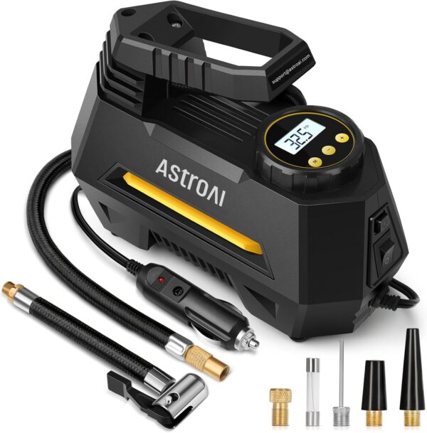 AstroAI Tire Inflator Portable Air Compressor Tire Air Pump for Car Tires - Car Accessories, 12V DC Auto Pump with Digital Pressure Gauge, Emergency LED Light for Bicycle, Balloons, Yellow