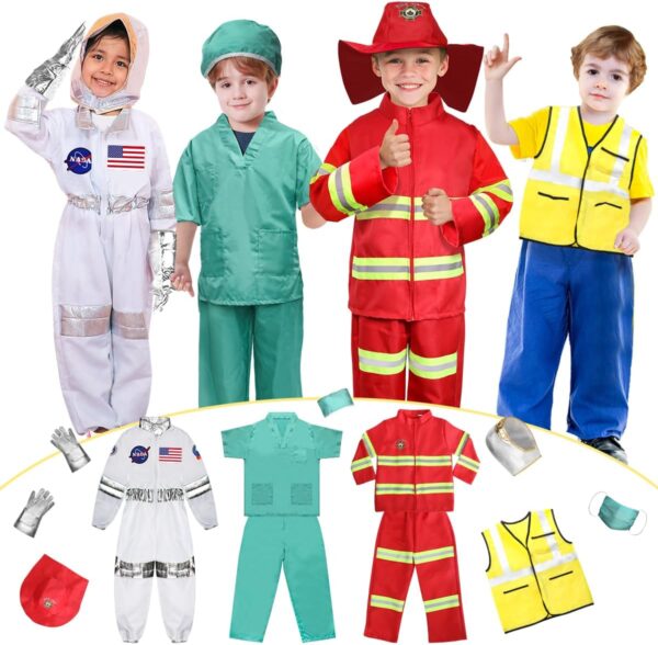 LOYO Kids Role Play Dress Up Clothes for 3-8 Years Old Play, 4 Sets Astronaut/Doctor/Fireman/Construction Costume for Kids And Toddlers Boys Halloween Costumes