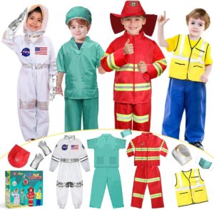 LOYO Kids Role Play Dress Up Clothes for 3-8 Years Old Play, 4 Sets Astronaut/Doctor/Fireman/Construction Costume for Kids And Toddlers Boys Halloween Costumes