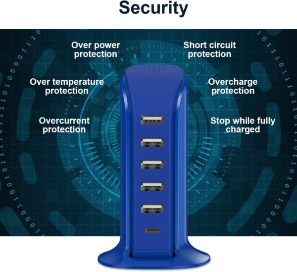 USB Charging Station Upoy, 6 Ports Charging Blocks, USB Power Hub with C Port, Charging Dock for Electronics Organizer, Multi Charger 40W, Compatible with Kindle, iPhone, Ipad, Airpods, Tech Gadgets