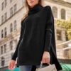 LILLUSORY Women's Turtleneck Oversized Sweaters Long Batwing Sleeve Spilt Hem Tunic Pullover Knit Tops