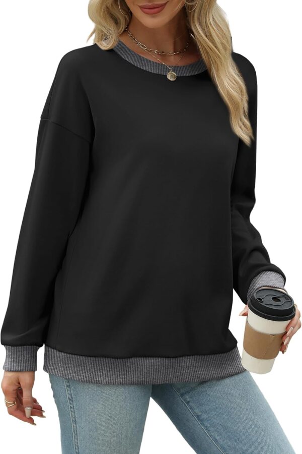 Saloogoe Sweatshirts for Women Crewneck Long Sleeve Loose Fit Tops Color Block Ribbed Trim Fashion 2024