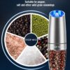 Gravity Electric Pepper and Salt Grinder Set, Salt and Pepper Mill & Adjustable Coarseness, Battery Powered with LED Light, One Hand Automatic Operation, Stainless Steel (Set/Silver)