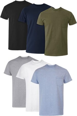 Hanes Men's Pocket Undershirt Pack, Cotton Crew Neck T-Shirt, Moisture Wicking Tee, Assorted 6-Pack