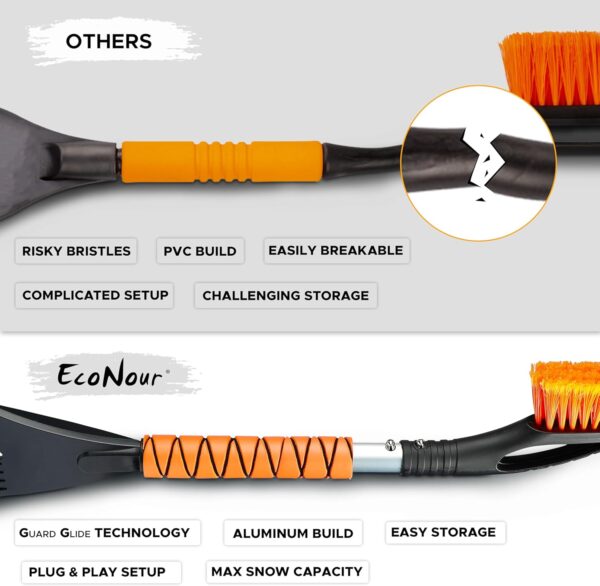 EcoNour 27" Aluminum Snow Brush with Ice Scrapers for Car Windshield and Window | Car Snow Scraper and Brush with Ergonomic Foam Grip Winter Accessories (Orange)