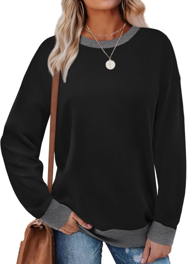 Saloogoe Sweatshirts for Women Crewneck Long Sleeve Loose Fit Tops Color Block Ribbed Trim Fashion 2024