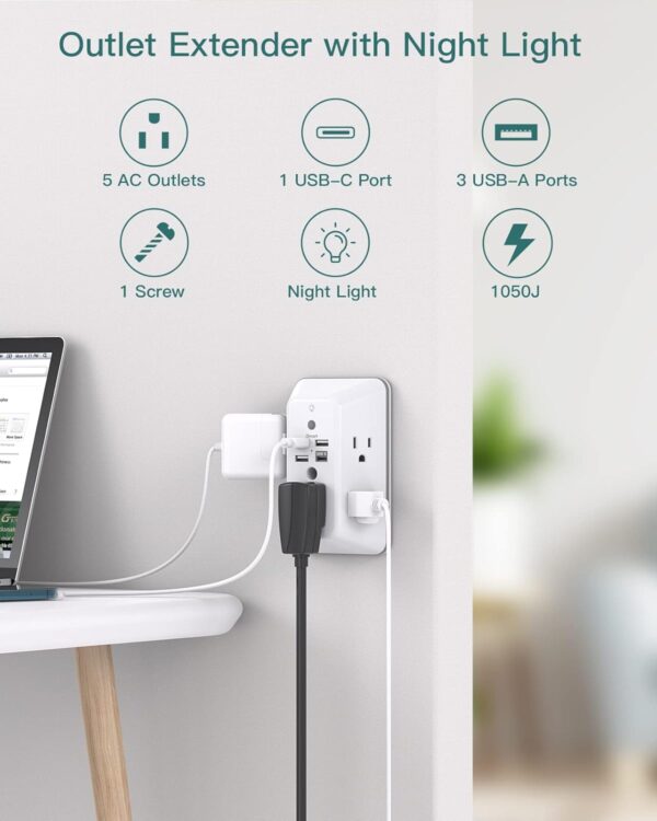 Surge Protector, Outlet Extender with Night Light, Addtam 5-Outlet Splitter and 4 USB Ports(1 USB C), Multi Plug Wall Outlet for Home Office Dorm Room Essentials