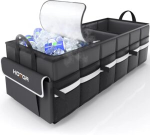 HOTOR Trunk Organizer for Car - Car Organizer with Built-In Leakproof Car Cooler, Collapsible Trunk Organizer with Cooler for Car, SUV, Sedan, with Base Panel (3 Compartments, Black),31.9"×12.6"×10.6”