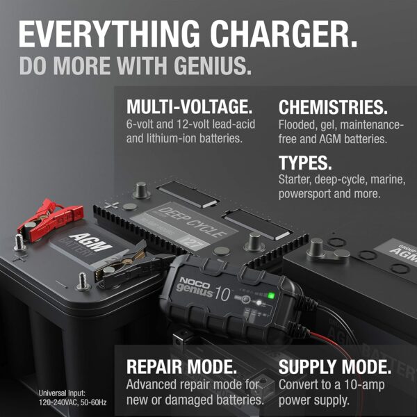 NOCO GENIUS10, 10A Smart Car Battery Charger, 6V and 12V Automotive Charger, Battery Maintainer, Trickle Charger, Float Charger and Desulfator for Motorcycle, ATV, Lithium and Deep Cycle Batteries