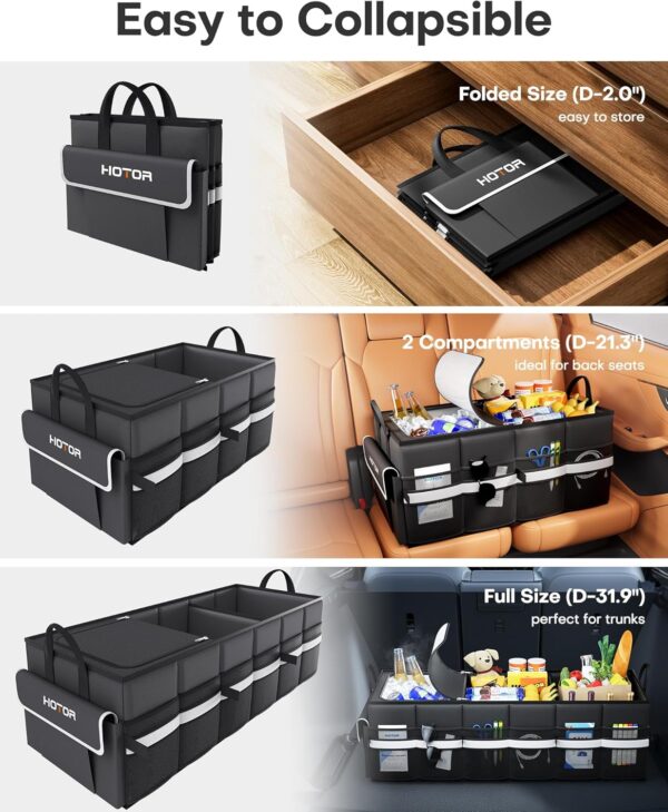 HOTOR Trunk Organizer for Car - Car Organizer with Built-In Leakproof Car Cooler, Collapsible Trunk Organizer with Cooler for Car, SUV, Sedan, with Base Panel (3 Compartments, Black),31.9"×12.6"×10.6”