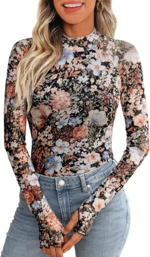 Dealmore Lace Long Sleeve Floral Mesh Mockneck Going Out Tops for Women Fashion Fall Outfits 2025