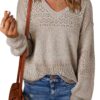 SHEWIN Womens Sweaters Casual Long Sleeve V Neck Lightweight Crochet Pullover Sweater Tops