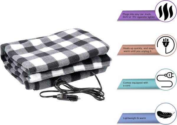 Heated Car Blanket - 12-Volt Electric Blanket for Car, Truck, SUV, or RV - Portable Heated Throw - Camping Essentials by Stalwart (Black Plaid)