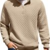 COOFANDY Mens Quarter Zip Pullover Quilted Sweatshirt Knit Long Sleeve Mock Neck Sweater Polo with Pocket