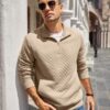 COOFANDY Mens Quarter Zip Pullover Quilted Sweatshirt Knit Long Sleeve Mock Neck Sweater Polo with Pocket