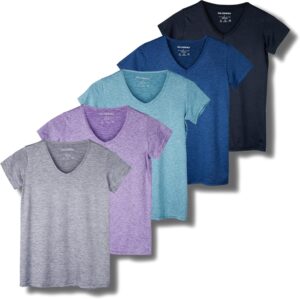 Real Essentials 5 Pack: Women's Short Sleeve V-Neck Activewear T-Shirt Dry-Fit Wicking Yoga Top (Available in Plus)