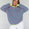 Trendy Queen Oversized Sweatshirt for Women 2024 Fall Crewneck Striped Long Sleeve Shirts Hoodies Preppy Top Y2K Outfits