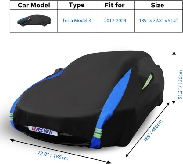 Car Cover for Tesla Model 3 2017-2024, Custom Fit Full Exterior Cover with Charging Port and Breathable Ventilation Mesh, Waterproof All Weather Outdoor Rain Snow Sun Protection Cover