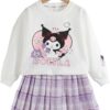 Ku-romi Girls 3 Piece Outfits Cartoon Crewneck Long Sleeve Pullover Sweatshirt + Plaid Pleated Mini Skirt + Bag Sets