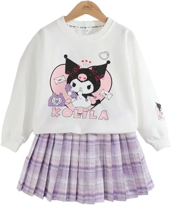 Ku-romi Girls 3 Piece Outfits Cartoon Crewneck Long Sleeve Pullover Sweatshirt + Plaid Pleated Mini Skirt + Bag Sets