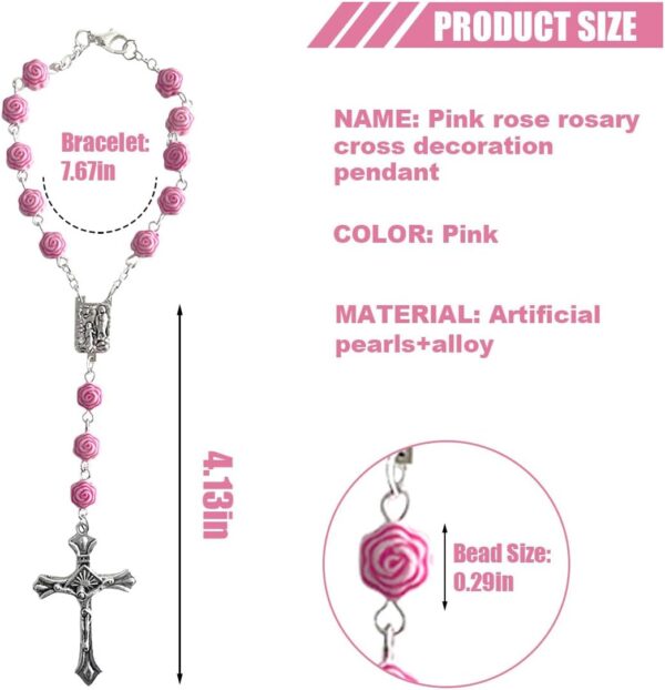 2PCS Car Rosary for Rearview Mirror, Pink Rosary Pendant Car Interior Rear View Mirror Charm Auto Decors, Car Medal and Cross Personalized Hanging Accessories for Women Men (Rose)