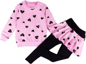 DDSOL Little Girls Valentines Day Outfit Heart Print Sweatshirt Top Long Pantskirts 2pcs Baby Pant Set for Toddlers Kids