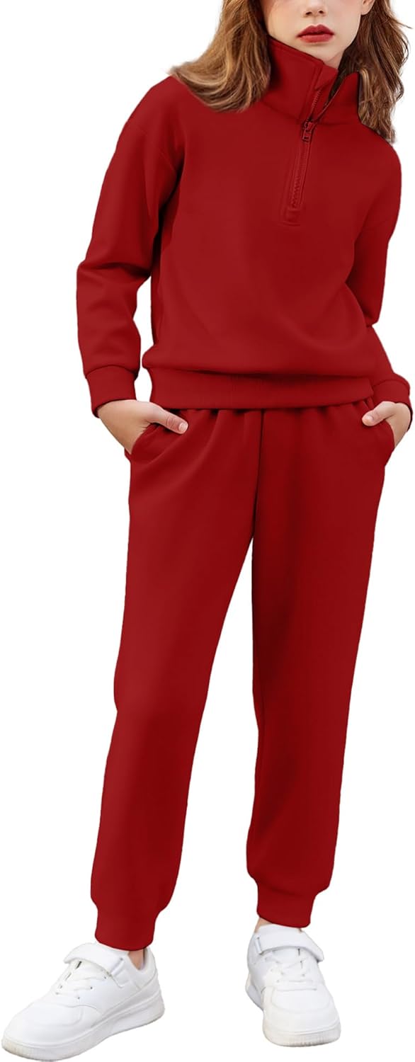 Arshiner Girls 2 Piece Outfits Sweatsuit Set Half Zip Lapel Collar Long Sleeve Sweatshirt Sweatpant Tracksuit Sets