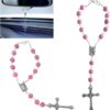 2PCS Car Rosary for Rearview Mirror, Pink Rosary Pendant Car Interior Rear View Mirror Charm Auto Decors, Car Medal and Cross Personalized Hanging Accessories for Women Men (Rose)