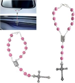 2PCS Car Rosary for Rearview Mirror, Pink Rosary Pendant Car Interior Rear View Mirror Charm Auto Decors, Car Medal and Cross Personalized Hanging Accessories for Women Men (Rose)