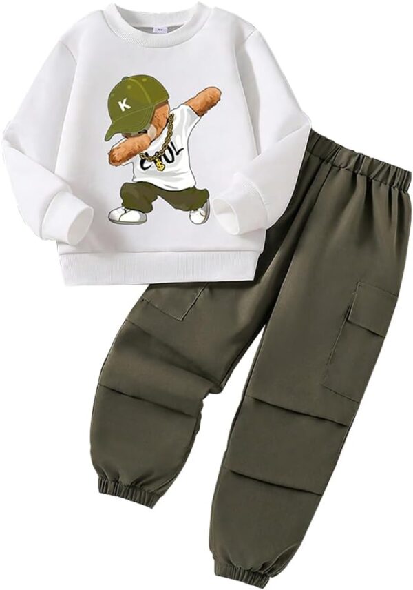 Boy Clothes-Little Bear Graphic Print Thermal Round Neck Sweatshirt & Cargo Pants-Little Boys Outfit (3~7 years)