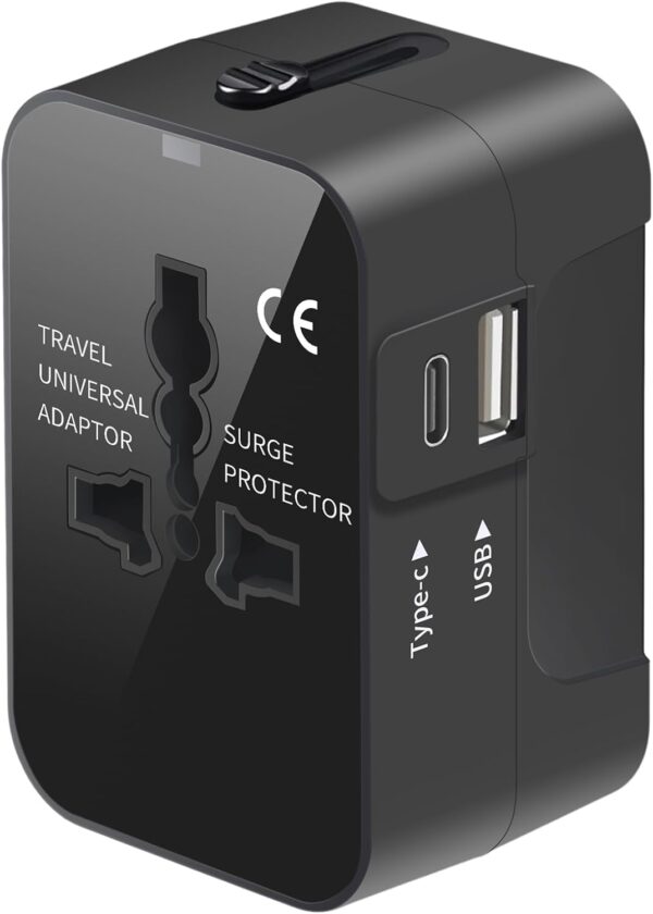 Travel Adapter, Worldwide All in One Universal Travel Adaptor AC Power Plug Adapter Wall Charger with USB-C and USB-A Charging Ports for USA EU UK AUS Black