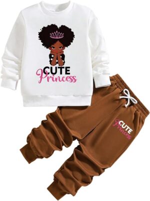 Clothes Kids - Cartoon Print Crew Neck Girls Preppy Sweatshirt & Toddler Pants - Fall Sweatshirt Set(3-7 years)