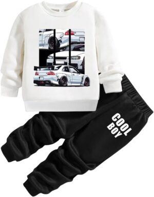 Toddler Boy Outfits - Cartoon Printed Warm White Sweatshirt & Black Sweatpants - Boy clothes set (3-7 T)