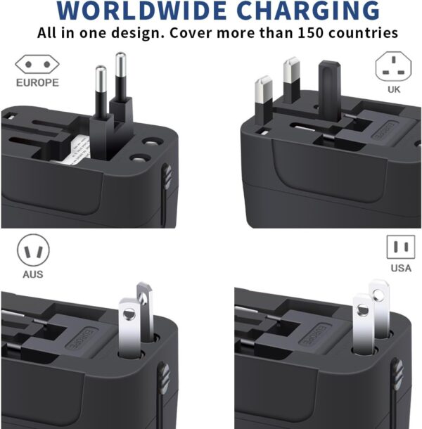 Travel Adapter with USB C, Universal All in One Worldwide Travel Adapter Power Converters Wall Charger AC Power Plug Adapter USB Type C Charging Ports for USA EU UK AUS Black