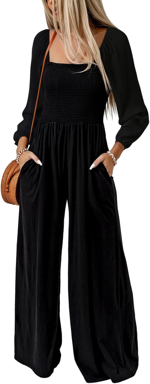 Dokotoo Women's Casual Loose Overalls Jumpsuits One Piece Long Sleeve Wide Leg Long Pant Rompers With Pockets