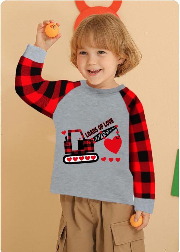 CM-Kid Toddler Boys Valentine Day Shirt Monster Truck Dino Train Heart Tshirt Red Plaid Long Sleeve Tops for Kids 2-7 Years