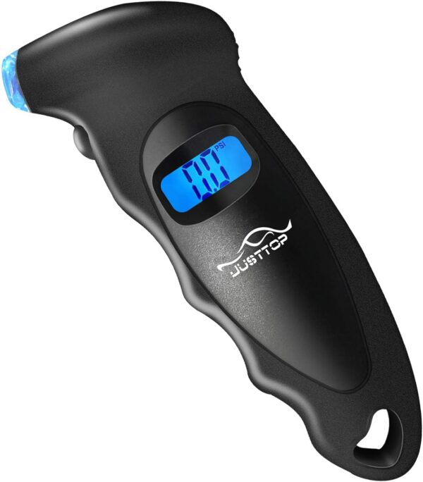 JUSTTOP Digital Tire Pressure Gauge, 150PSI 4 Setting for Cars, Trucks and Bicycles, Backlit LCD and Anti-Skid Grip for Easy and Accurate Reading(Black)