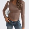 Trendy Queen Long Sleeve Shirts for Women 2024 Fall Fashion V Neck Basics Crop Tops Layering Slim Fitted Y2K Tops