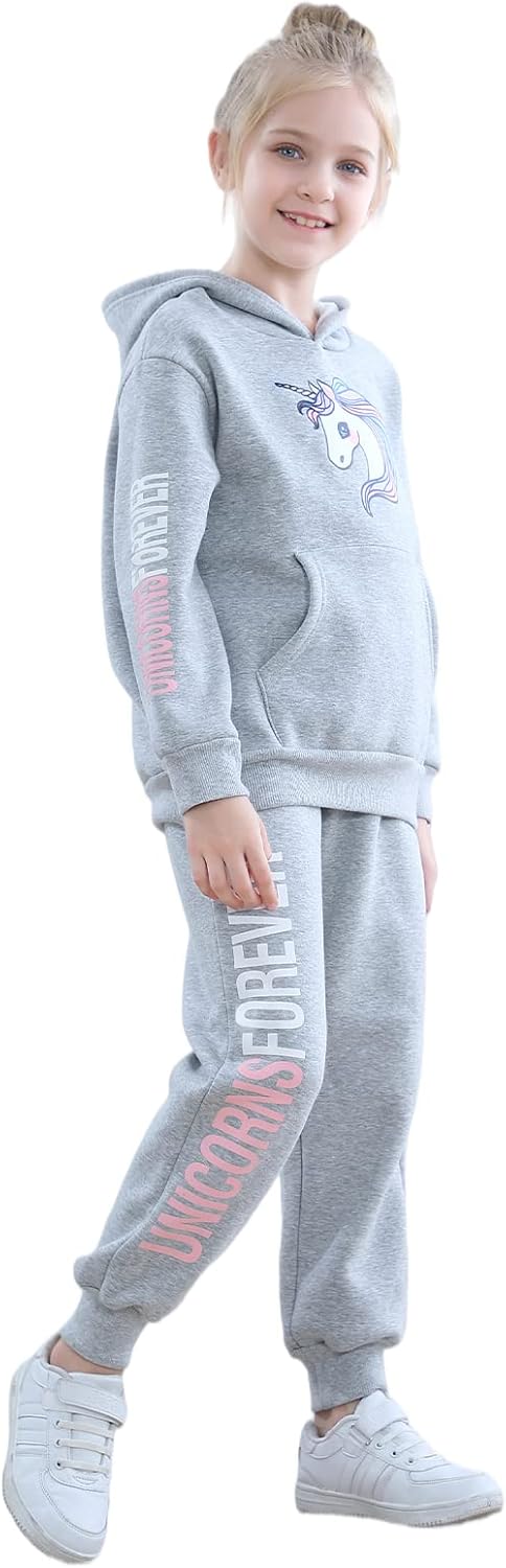 Girls Long Sleeve Hooddie Sweatshirt and Jogger Pants Winter Outfits Unicorn 6-11 Years