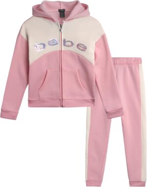 bebe Girls' Jogger Set - 2 Piece Sequin Fleece Zip Up Hoodie and Jogger Pants - Cute Matching Outfits for Girls (Sizes: 7-12)